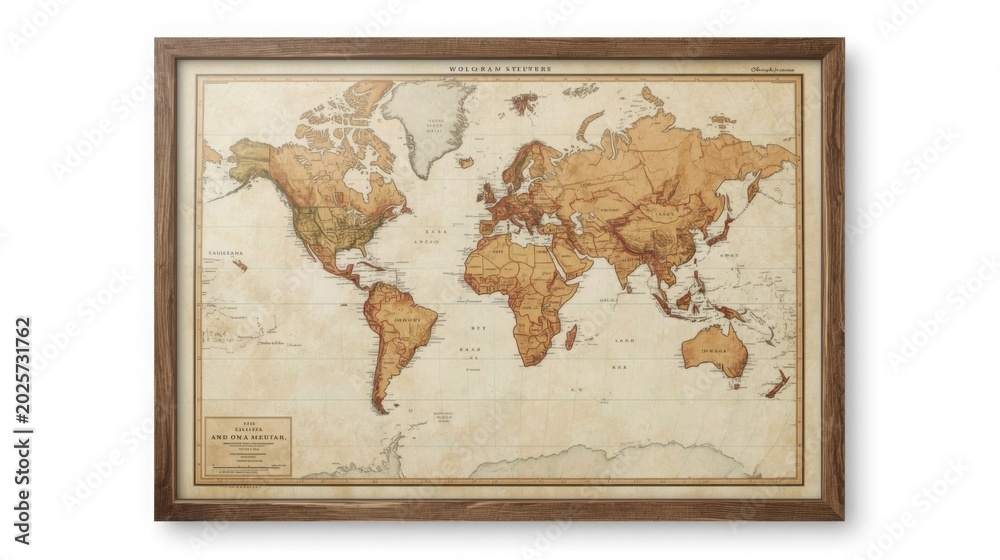 Naklejka premium Vintage World Map Poster with Intricate Details in Antique Wooden Frame on Wall
