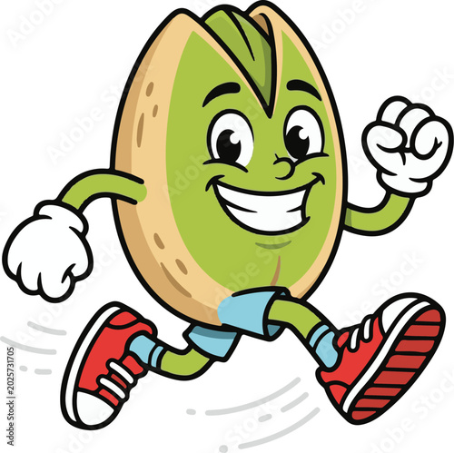 Running pistachio cartoon character, happy nut mascot jogging, healthy snack food illustration, vector pistachio icon, active nut with sneakers and gloves, smiling snack mascot, fitness food concept