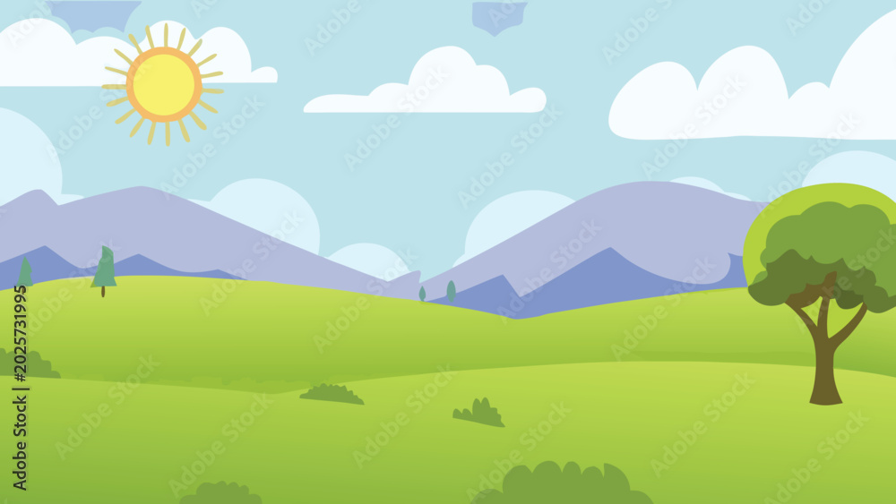 Fototapeta premium cartoon landscape with mountains sun and green fields