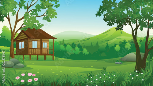 Fotografía Wooden cabin in a lush green landscape vector illustration