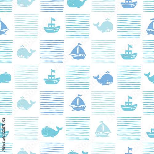 Canvastavla Seamless pattern with cute whales, ships and abstract stripes