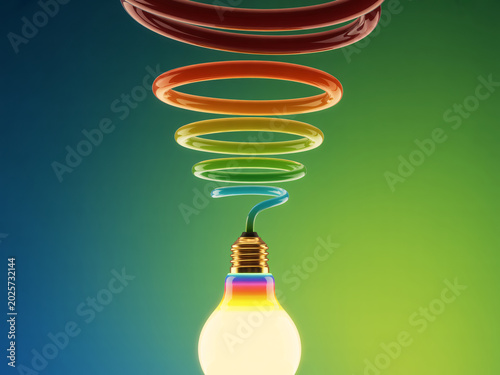 Light bulb with colorful spiral rainbow energy, innovation concept, glowing idea