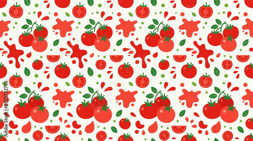 This vibrant flat design vector illustration features a seamless pattern of stylized tomatoes and abstract splashes, perfect as a background or textile print for La Tomatina-themed designs. 