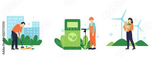 Tableau sur toile Sustainable lifestyle vector set, eco friendly people cleaning environment and u