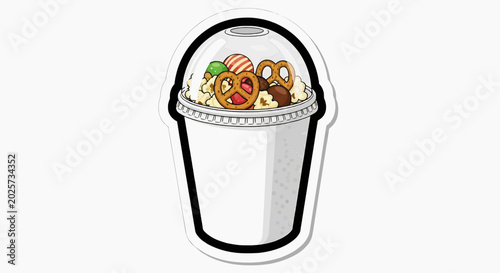 A large bucket filled with assorted colorful donuts and pastries inside.