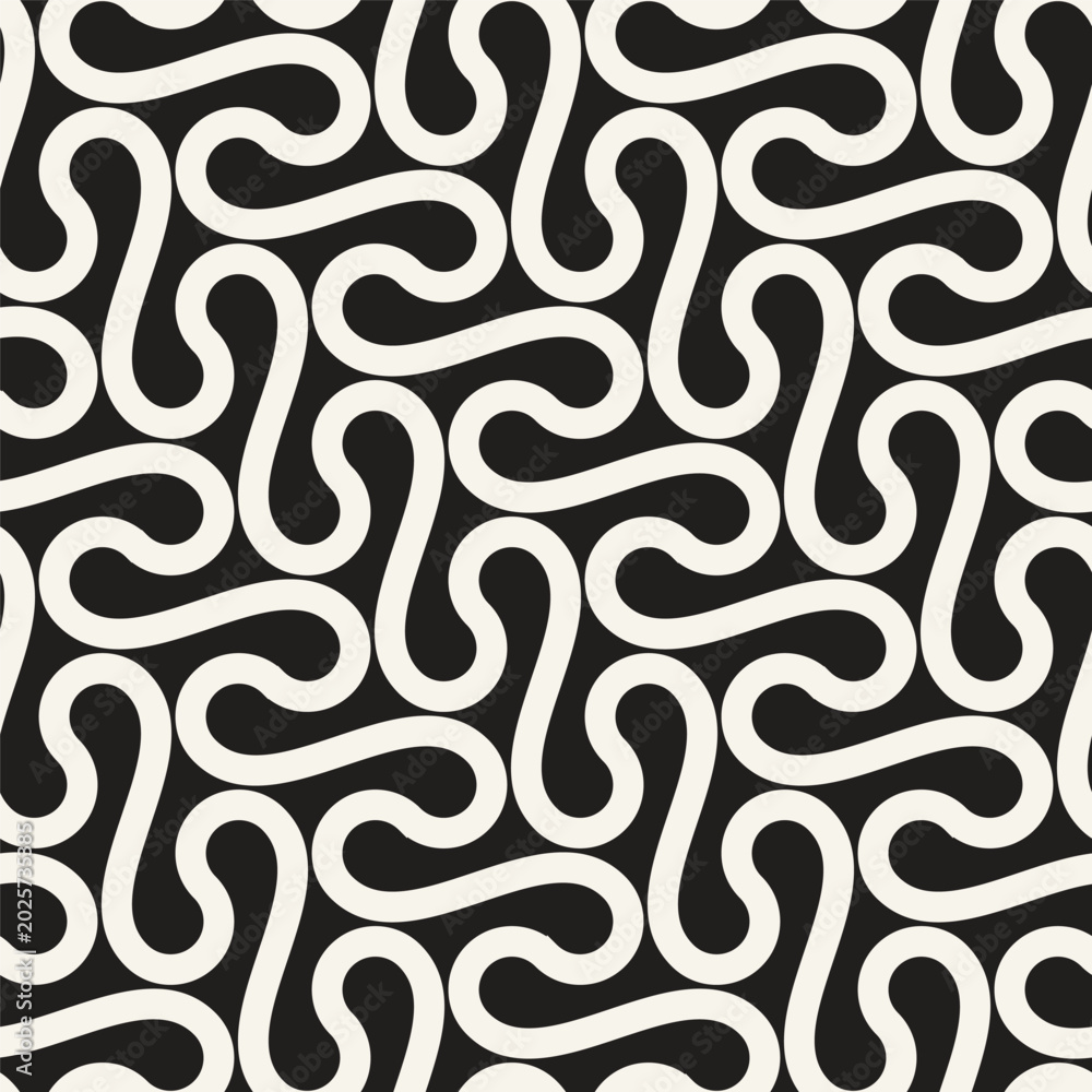 Obraz premium Wavy seamless pattern. Geometric linear ornament. Stylish monochrome background. Vector repeating texture with winding linear tapes.