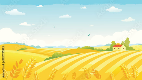 Canvastavla Rural landscape with wheat fields and small farmhouse illustration