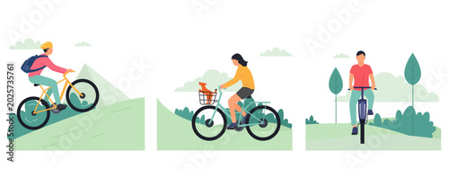Flat vector people riding bicycles in nature, active cyclists on mountain bikes and city cycles, set of 3 outdoor cycling illustrations for eco-travel