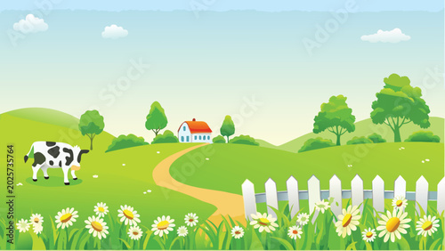 Canvastavla idyllic countryside landscape with cow and white picket fence