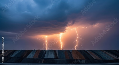 Dramatic weather event featuring intense lightning and heavy clouds illuminating a large copper mining waste pile on the distant horizon, ominous, storm, toxic