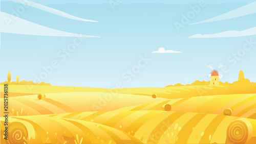 Bild auf Leinwand wheat field landscape with windmill and blue sky illustration