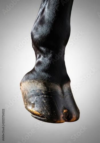 Isolated dark horse hoof against a plain background, highlighting the rugged texture, keratin wall, and structure of the foot, livestock, pathology, hard