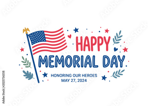 Happy Memorial Day Greeting Card Illustration with American Flag and Honoring Our Heroes Message