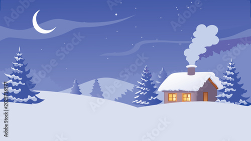 Canvastavla winter landscape with cozy cabin and crescent moon illustration