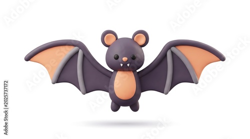 Cartoon purple bat character flying wings spread on white background professional 3D render clay texture