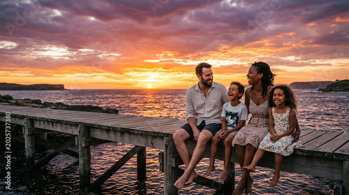 Happy interracial family sitting on a wooden pier at sunset, laughing and enjoying a summer evening by the sea, diverse parents and children bonding, golden hour coastal vacation.
