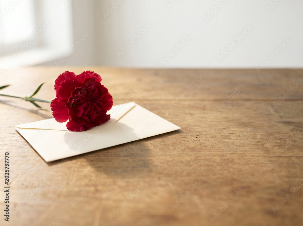 Obraz premium Red Carnation on Envelope with Warm Natural Light and Wooden Table
