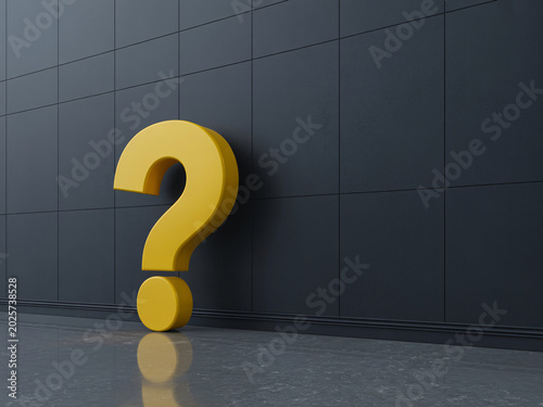 3D yellow question mark icon on dark gray tiled wall for faq and information symbol