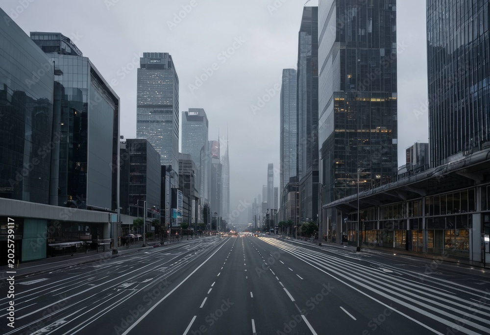 Fototapeta premium Quieted Multi-Lane Road in a Modern Metropolis Under a Cloudy Sky