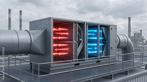 Industrial Commercial HVAC Heating Ventilation Air Conditioning Cooling System Unit on Building Rooftop with Red Blue Glowing Elements Ducts, Climate Control Engineering