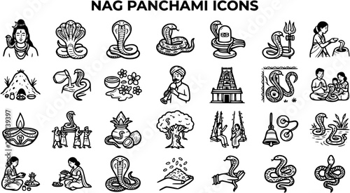 Billede på lærred Nag Panchami Icons: Black and White Line Art Collection of Hindu Serpent Deities