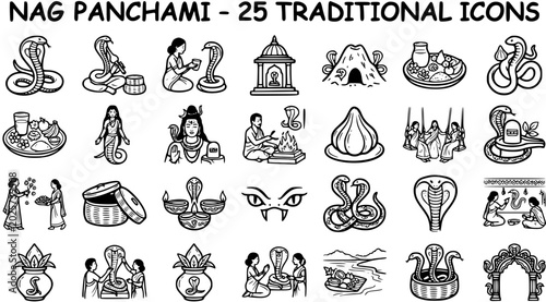 Εκτύπωση καμβά Nag Panchami Traditional Icons Set - Black and White Line Art for Hindu Festival