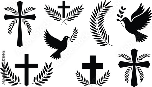 Fotografía Set of black religious silhouettes featuring crosses and flying doves against a bright white background for solemnity