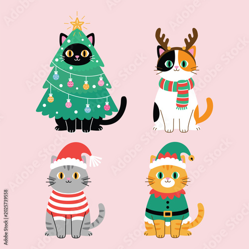 Canvastavla Cute Christmas cats vector set with black cat christmas tree calico cat with sca