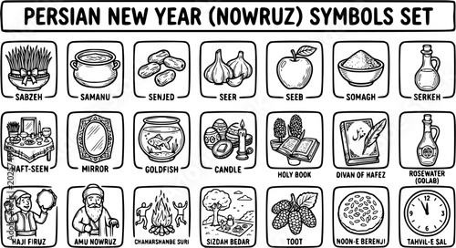 Persian New Year Nowruz Symbols Set Line Art Black White for Holiday Celebration