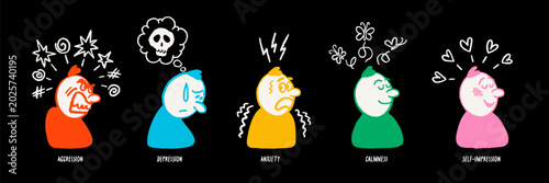 Photos Comic character emotion set with doodle faces showing states like aggression and calmness on dark background