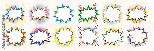 Set of comic starburst shapes with blank center, cloud speech bubbles and burst shapes with halftone dots in retro pop art vector style. Empty star burst stickers for text labels, promo banners.