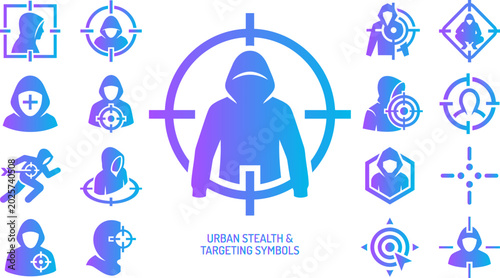 Fotografi Urban stealth targeting symbols set hooded figures crosshairs and abstract elements gradient blue purple