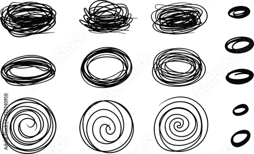 Black hand-drawn ink scribbles and messy circular tangles expressing frantic chaos and brainstorming on a clean white background.