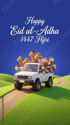 Happy Eid al-Adha 1447 Hijri Greeting Poster. 3D Cute Camels and Sheep Driving a Pickup Truck on Green Hills.