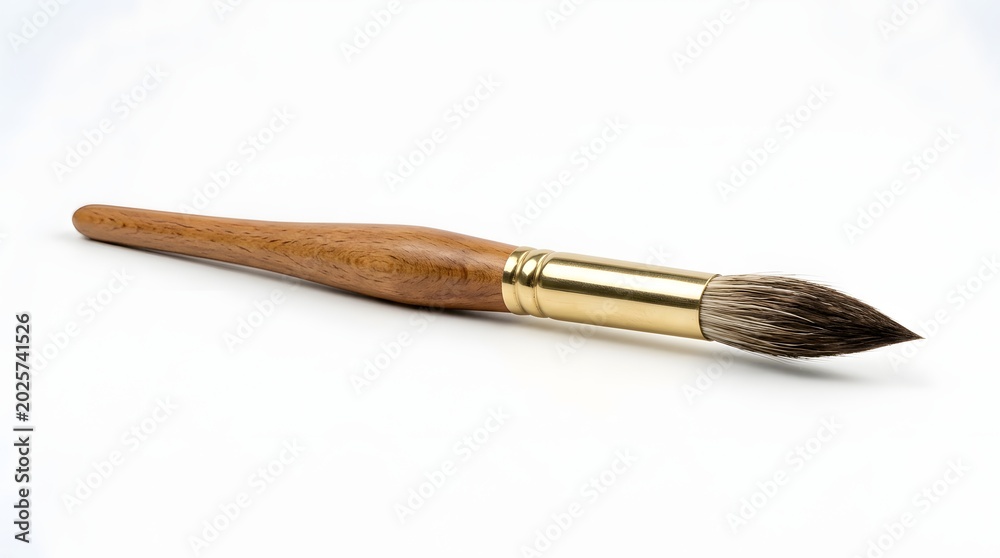 Fototapeta premium Single Wooden Paintbrush Resting on White Studio Background