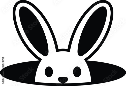 Cute minimalist black and white vector illustration of a curious bunny peeking out of a hole in bright clean lighting.
