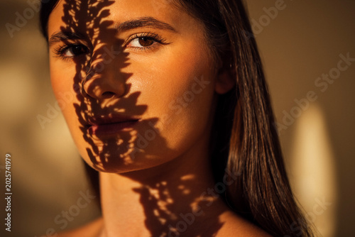Fotografie Young woman with long dark hair, illuminated by soft light, showcasing intricate