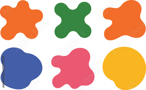 Fotografía A playful set of six vibrant colorful abstract organic blob shapes arranged in a neat grid on a bright white modern minimalist background