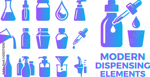 Schilderij op canvas Modern dispensing elements icons laboratory flasks bottles and droppers on white background