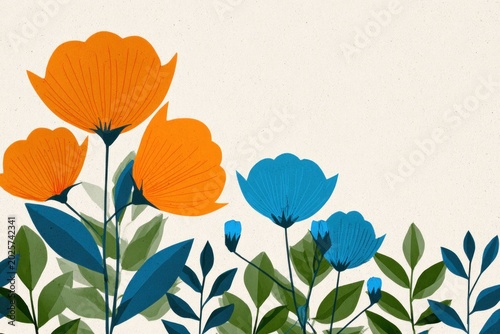 Orange and blue flowers with green leaves on white background, floral illustration with bright colors and simple modern design for decoration or wallpaper.