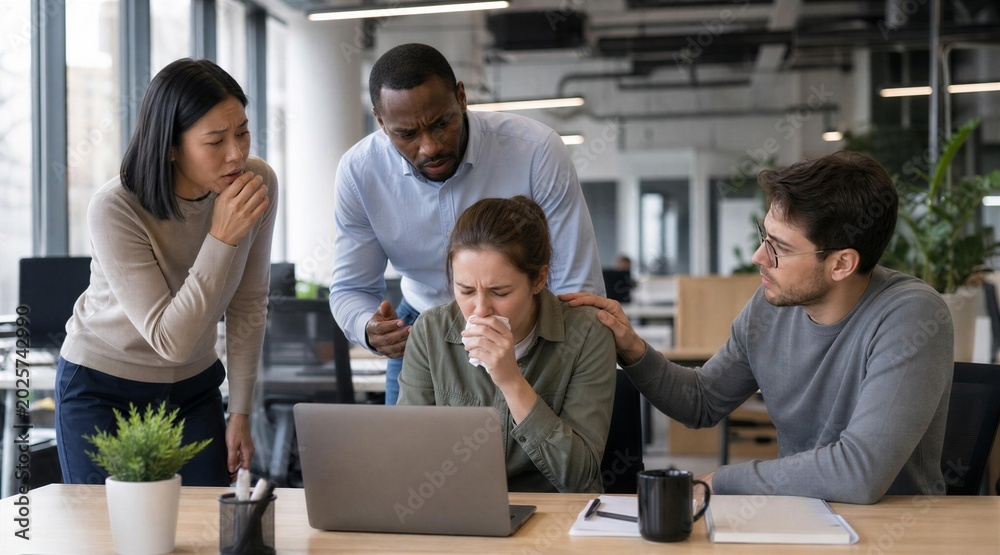 Fototapeta premium Supportive coworkers comforting stressed female colleague in office
