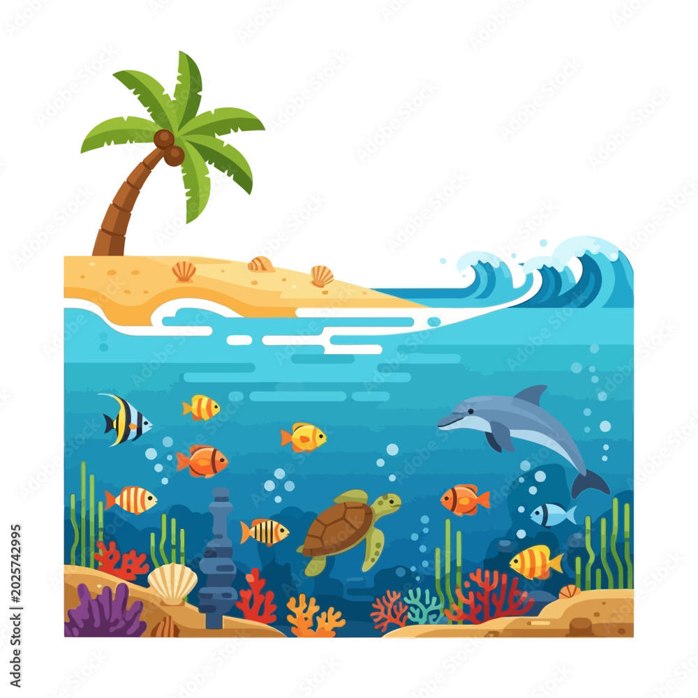 Obraz premium Cartoon Ocean Life: Dolphin, Fish, Turtle, Palm Tree and Underwater Scene