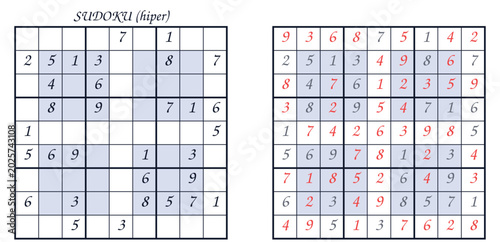 Cuadro en lienzo Hyper Sudoku puzzle example with completed and partially filled grids