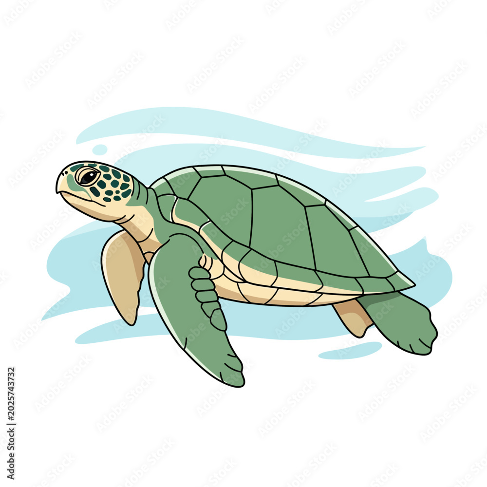 Naklejka premium Cartoon sea turtle illustration with ocean wave elements