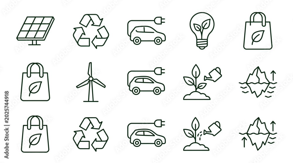 Fototapeta premium Essential vector line icons illustrating sustainable energy, environmental protection, and responsible living practices for a greener future