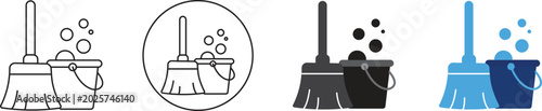 Foto Set of cleaning icons with broom and bucket with soap bubbles for housekeeping a