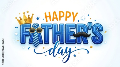 Happy fathers day typography celebration graphic with crown tie mustache design