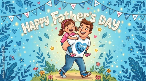 Happy fathers day illustration dad carrying daughter heartwarming family celebration artwork