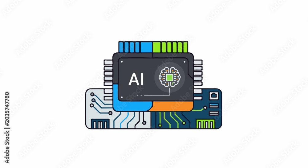 Fototapeta premium Stylized AI chip and circuitry with brain icon