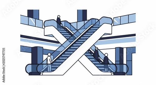 Stylized abstract representation of intersecting escalators and figures in muted blue tones